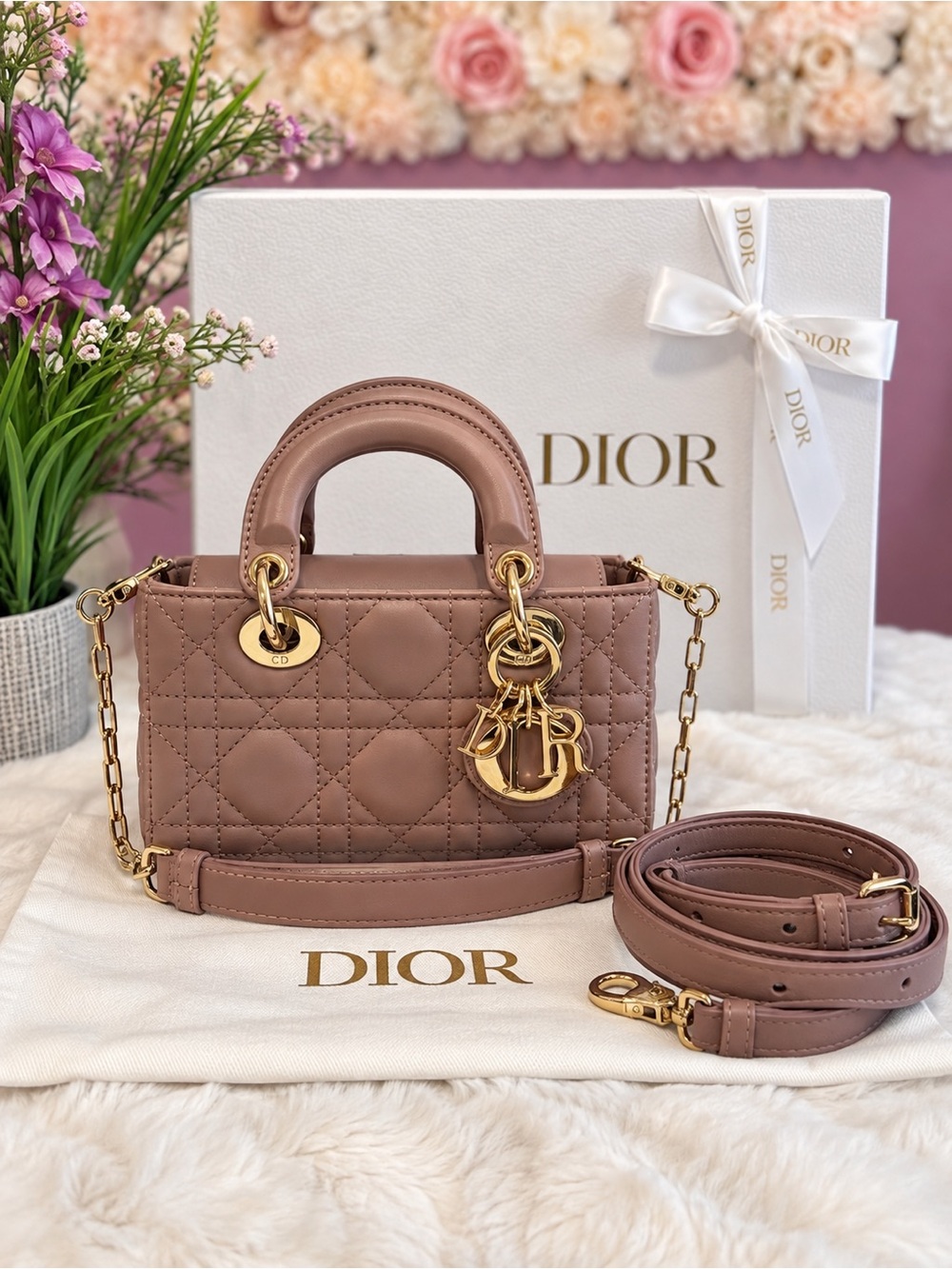 Authentic Dior Micro Lady Djoy in Mauve Taupe with light Gold Hardware